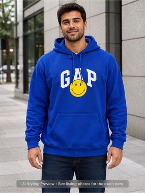 GAP x Smiley Hoodie XXL Blue Pullover Logo Sweatshirt Y2K Streetwear